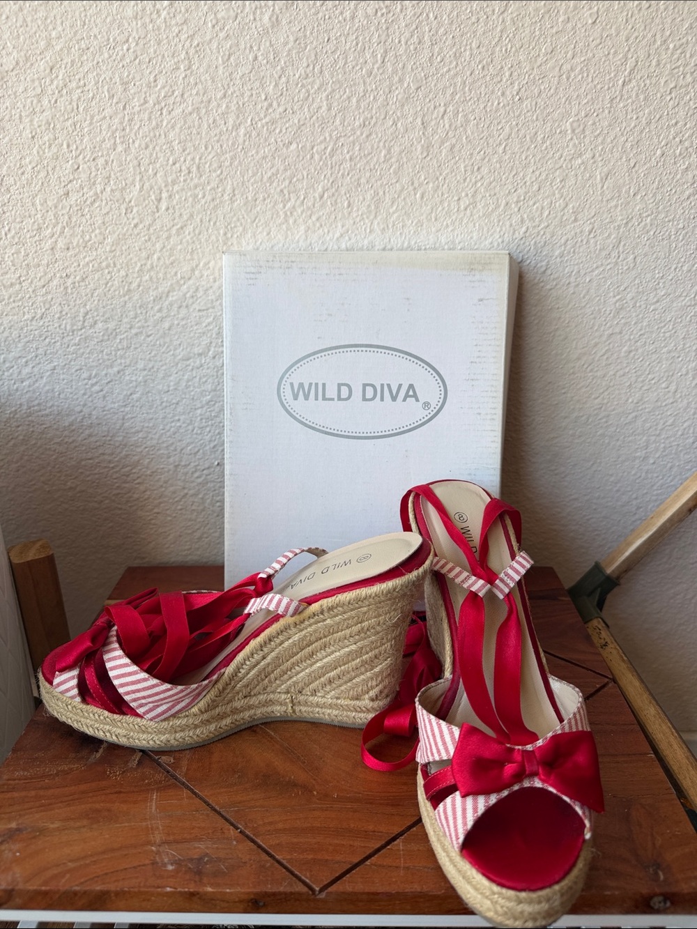 Wild Diva Red Ribbon Espadrille Wedge Sandals